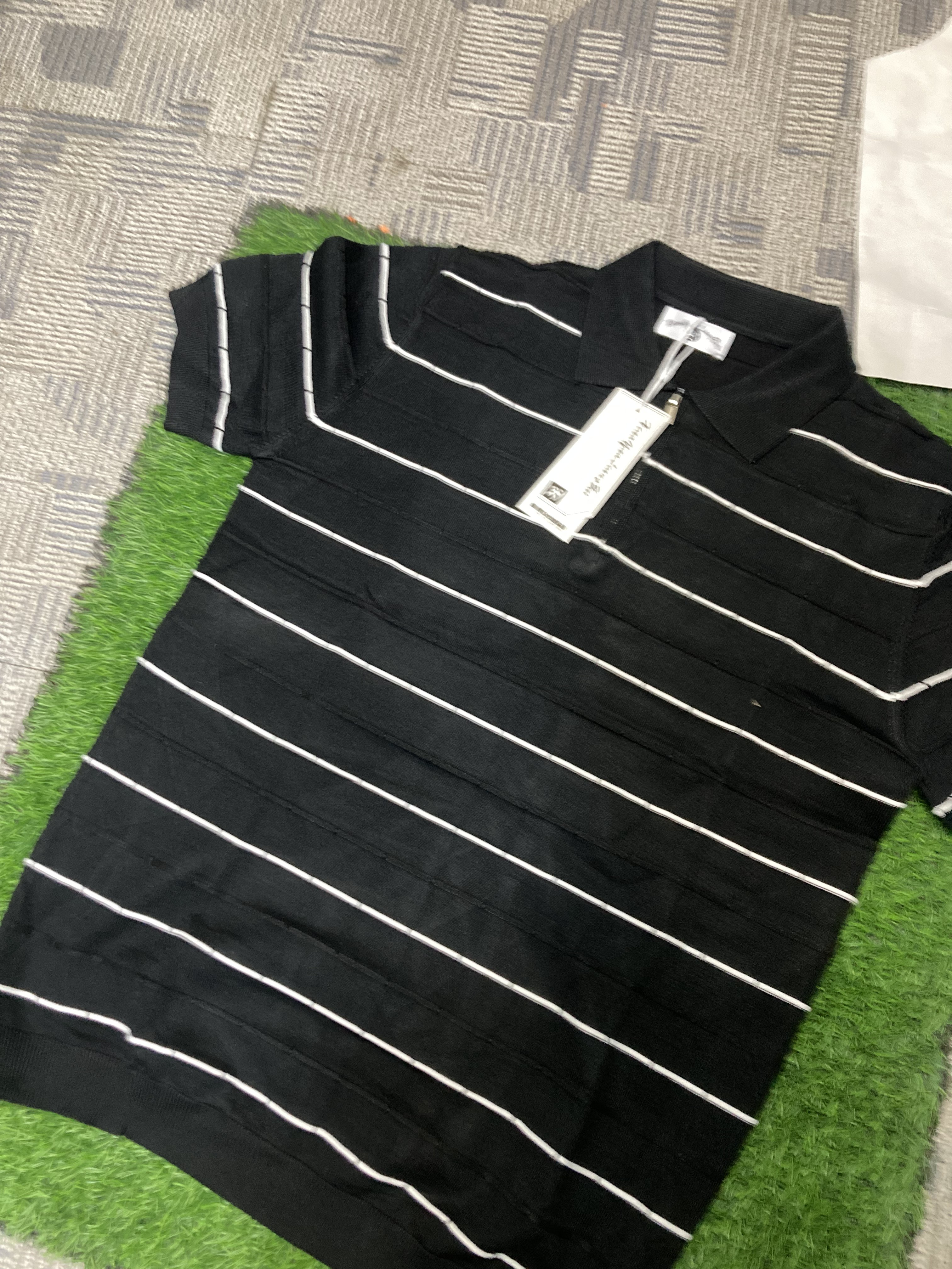 Men's Black & White Striped Knitted Polo Shirt