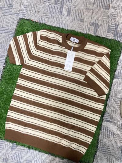 Men's Brown & Beige Striped Knitted Crewneck Tee