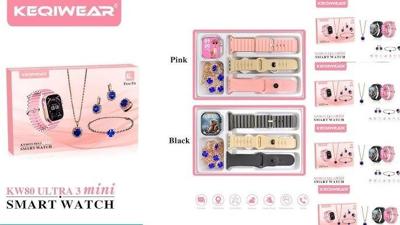 Features: Includes pink smartwatch, necklace, earrings, and bracelet