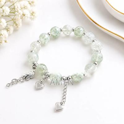 Elegant Mint Green Cracked Glass Beaded Charm Bracelet