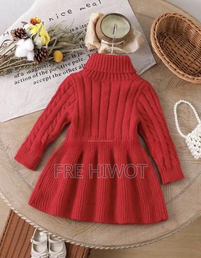 Red Cute Baby Girl Turtleneck Cable Knit Flare Hem Dress
