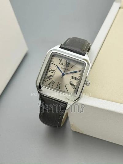 Square Silver Steel Brown Leather Roman Dial Watch