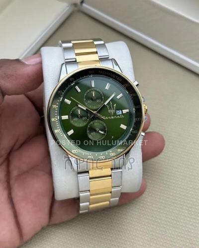 Green Dial Two Tone Gold Silver Stainless Steel Chronograph Watch New