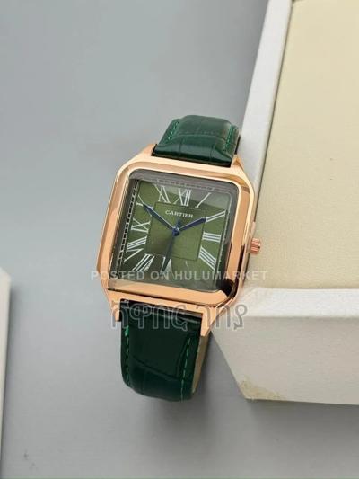 Square Rose Gold Green Leather Roman Dial Wristwatch