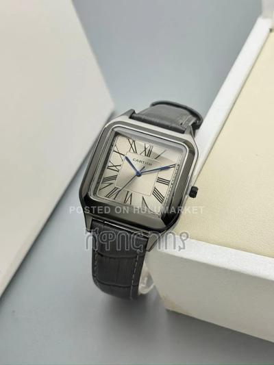 Cartier Square Silver Steel Black Leather Roman Dial Watch