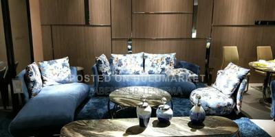 ሶፉ - Modern Curved Blue Velvet Living Room Set (Sofa, Chaise, Chair)