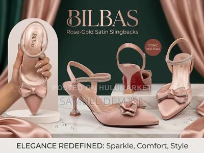 Bibas Elegant Rose-Gold Satin Bow Heels