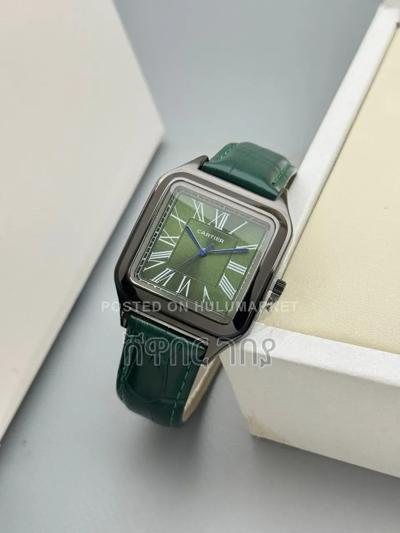 Cartier Square Black Green Leather Roman Dial Luxury Watch