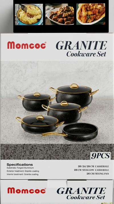 Momcoc 9psc  Granite Cookware  ማምኮክ ባለ 5 ደረጃ ድስት