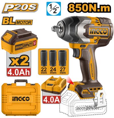 Ingco brushless chargable impact wrench 20v 850Nm
