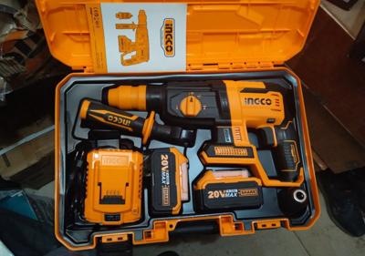 ኢንኮ (INGCO) 20V ብራሽለስ የቻርጅ ሮታሪ ሀመር እና ድሪል ማሽን ከሳጥን ጋር (Rotary Hammer Set